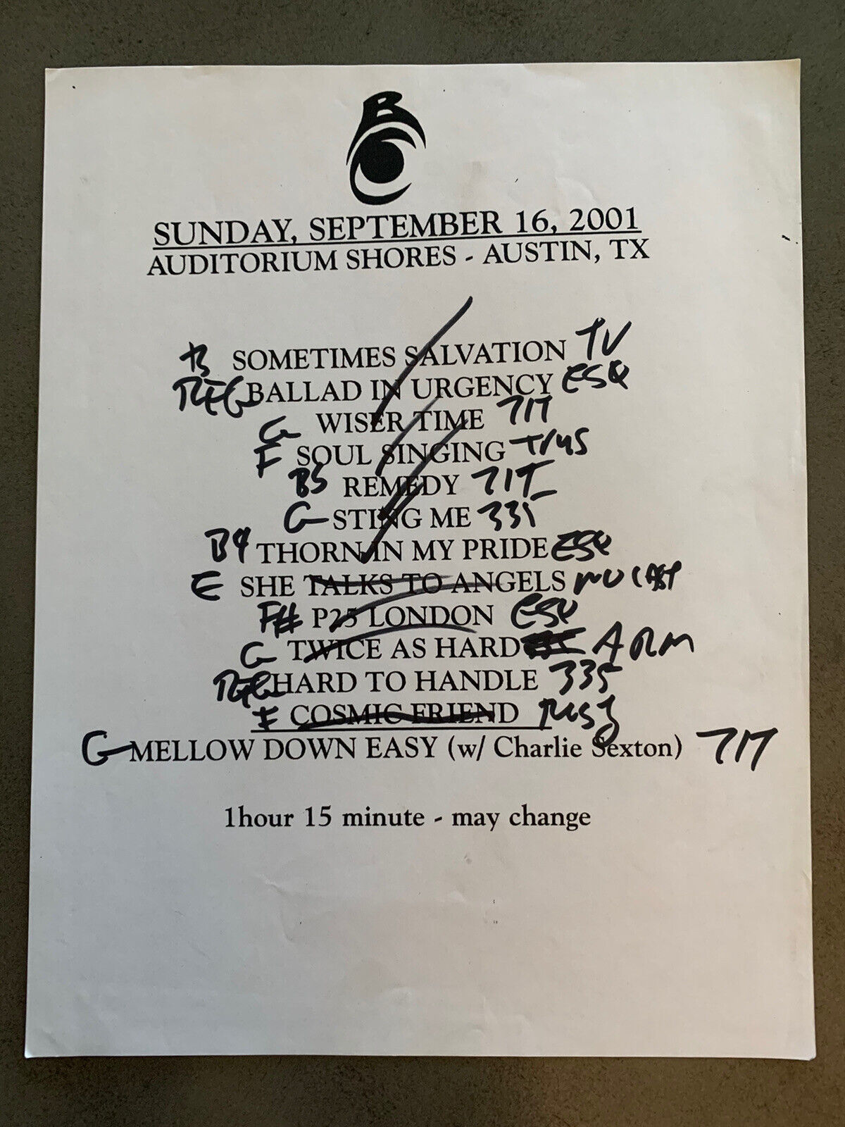 The Black Crowes 9-16-01 Tour Concert Used Set List W/ Notes Austin, Tx
