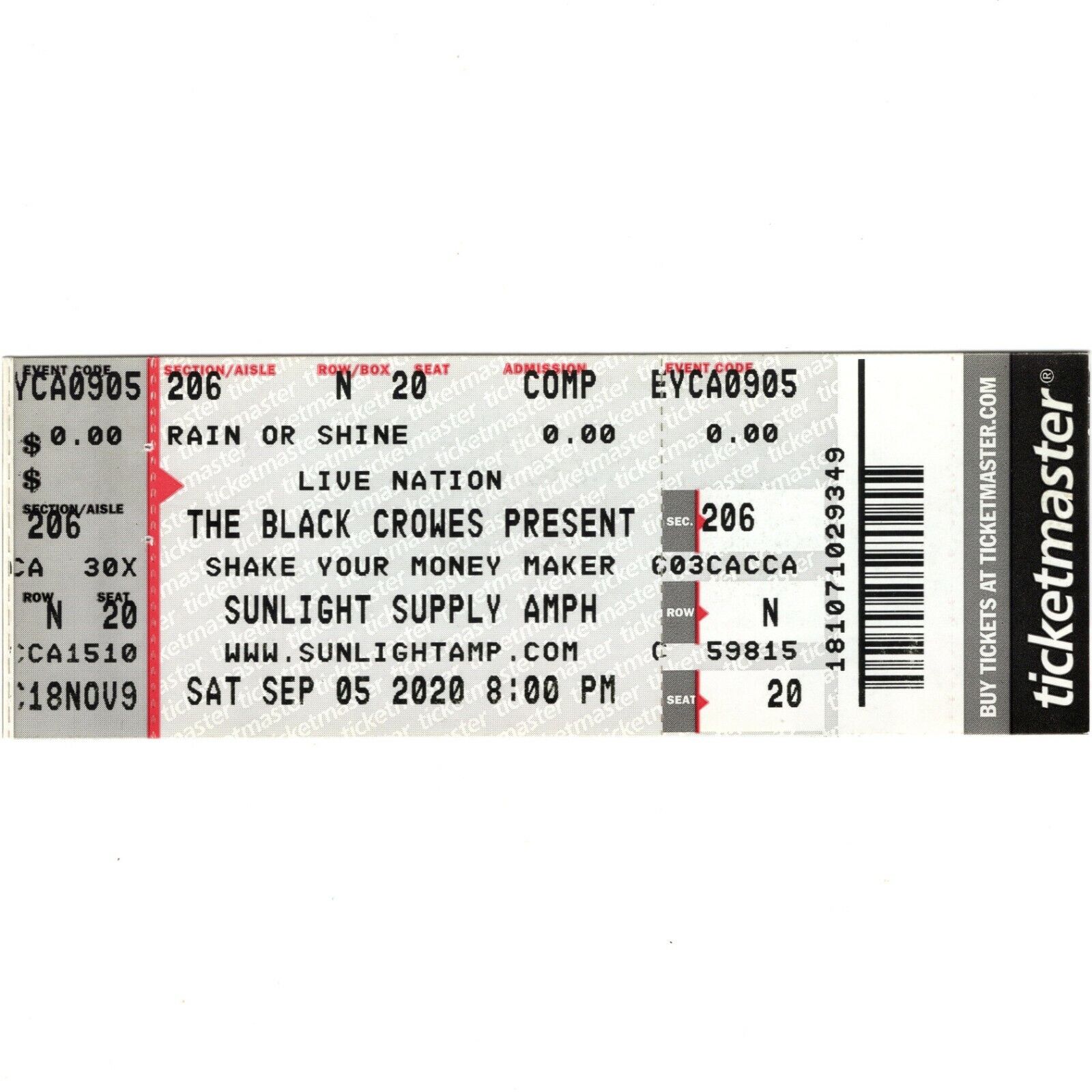 The Black Crowes & Dirty Honey Concert Full Ticket Stub 9/5/20 Ridgefield Wash
