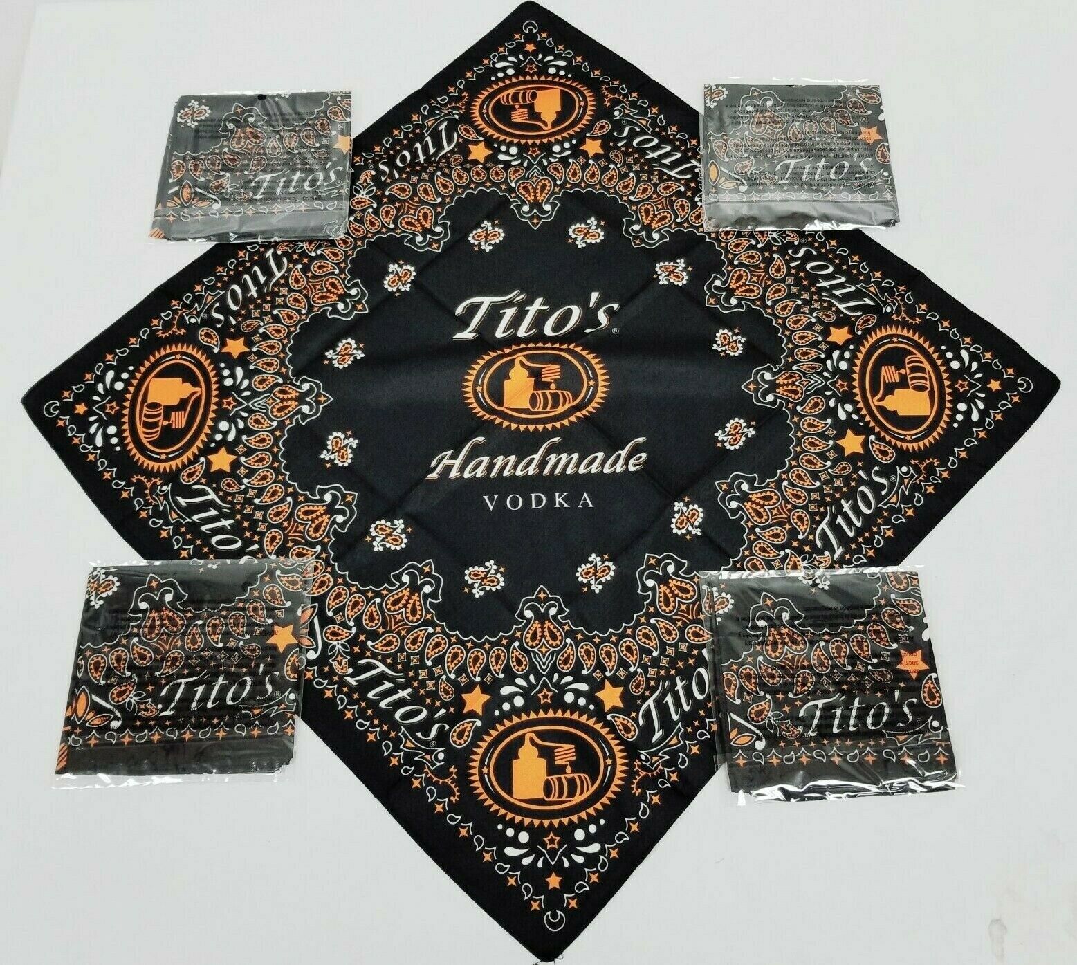 Lot Of 5 Tito's Handmade Vodka Black Orange Paisley Logo Bandanas New In Package
