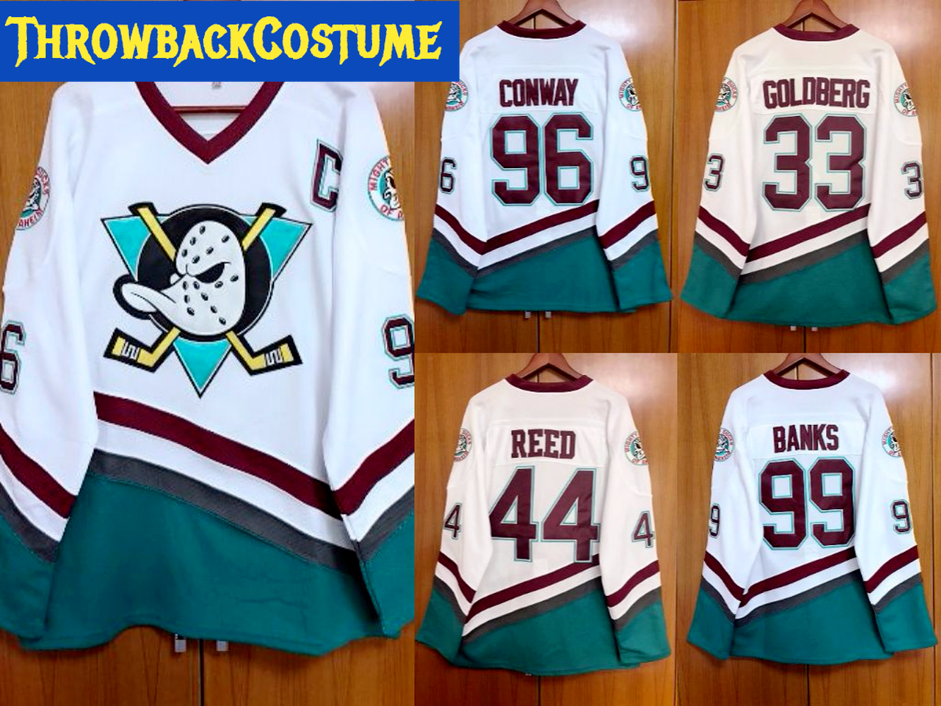 The Mighty Ducks Movie Jersey 96 Charlie Conway 99 Adam Banks 66 Bombay 44 Reed