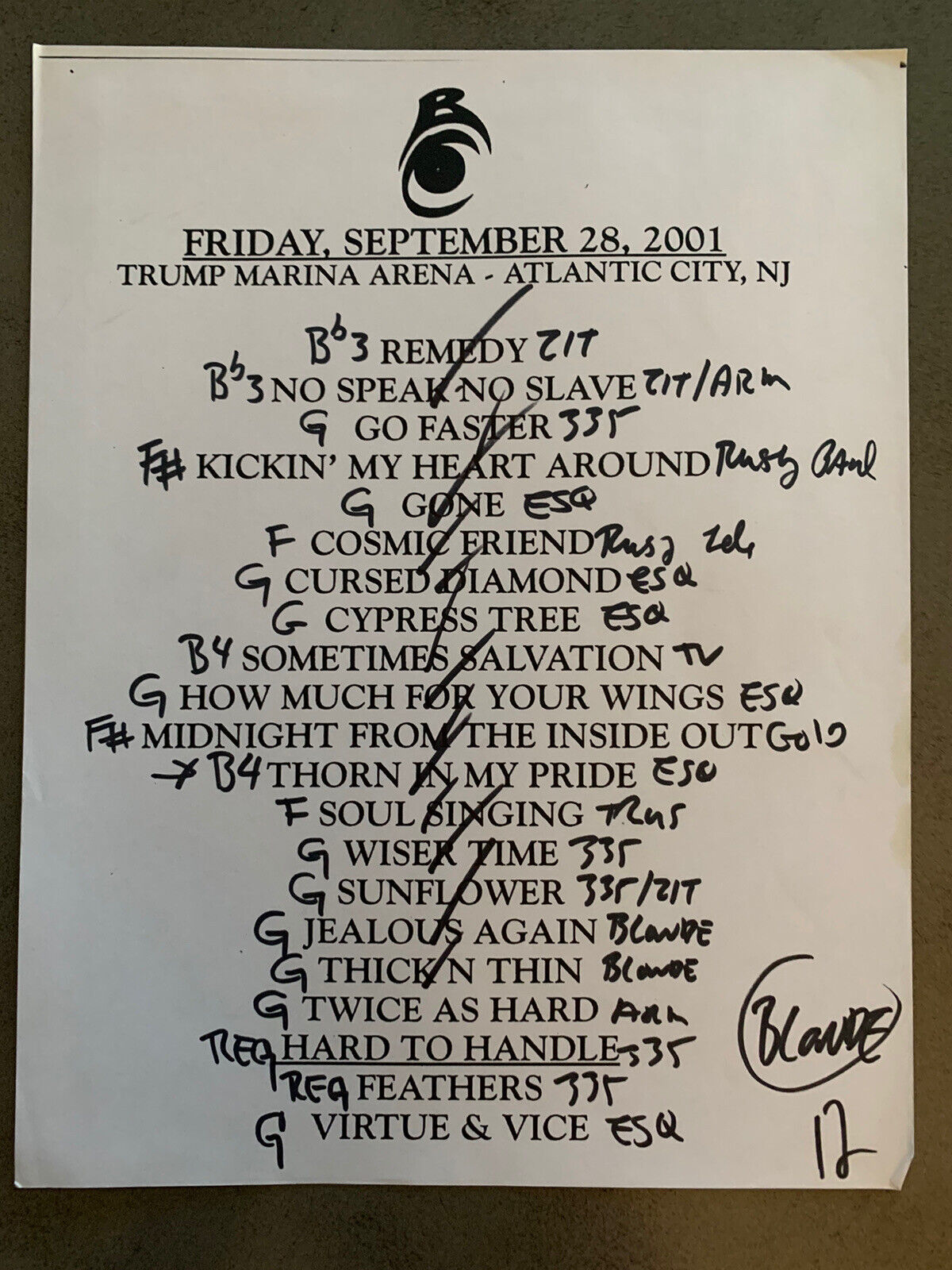 The Black Crowes 9-28-01 Tour Concert Used Set List W/ Notes Atlantic City, Nj